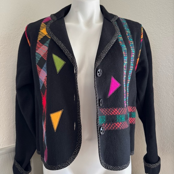 NWT Medium Lynn Murray Vintage Wool Black Colorful Patchwork Jacket 80’s Vives - Picture 6 of 11